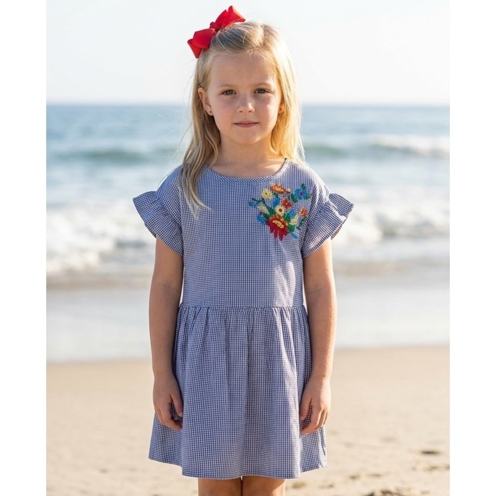 New Pippa & Julie blue lined dress size 6 Blue White Gingham Floral Embroidery